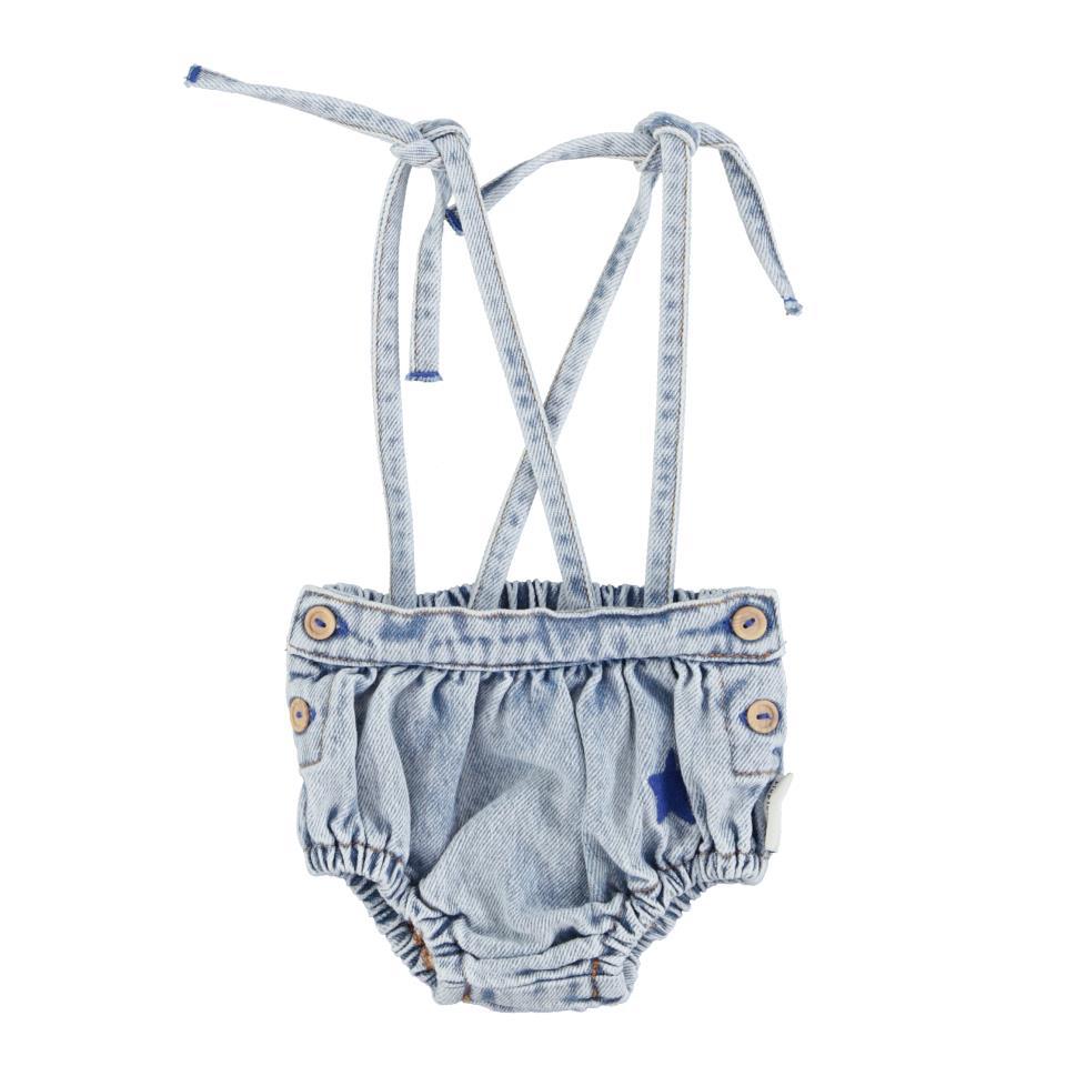 PIU BABY BLOOMERS W STRAPS WASHED BLUE DENIM