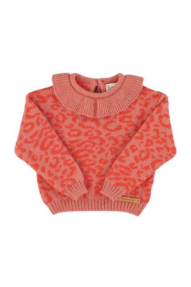 PIU KNITTED SWEATER W COLLAR PINK W ANIMAL PRINT