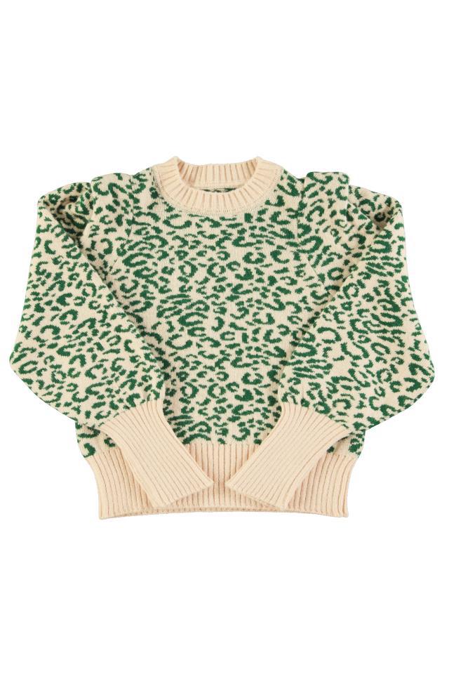 SISTERS KNITTED SOFT WEATER ECRU&GREEN W ANIMAL PR